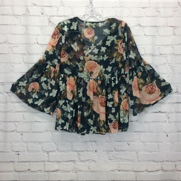 Show Me Your Mumu Poet Top Women's Sz XS Lace Up Boho Peplum Floral Semi Sheer - Picture 14 of 14